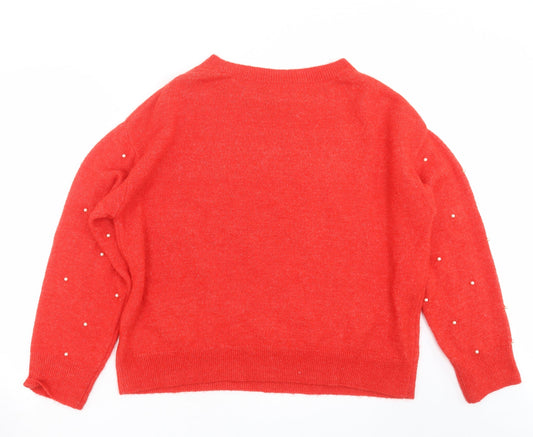 H&M Womens Red  Knit Pullover Jumper Size L  - beaded