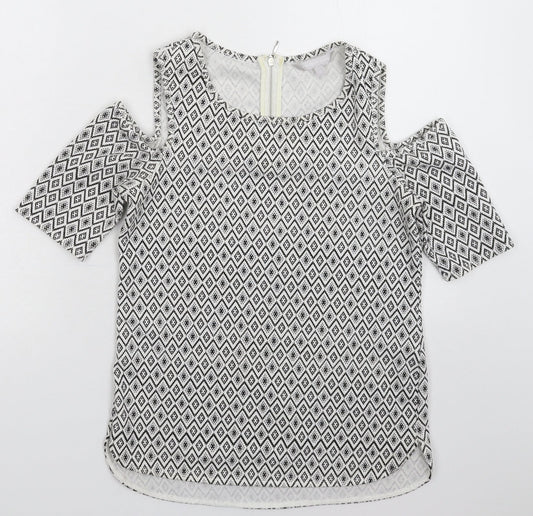Red Herring Womens White Geometric  Basic T-Shirt Size 8