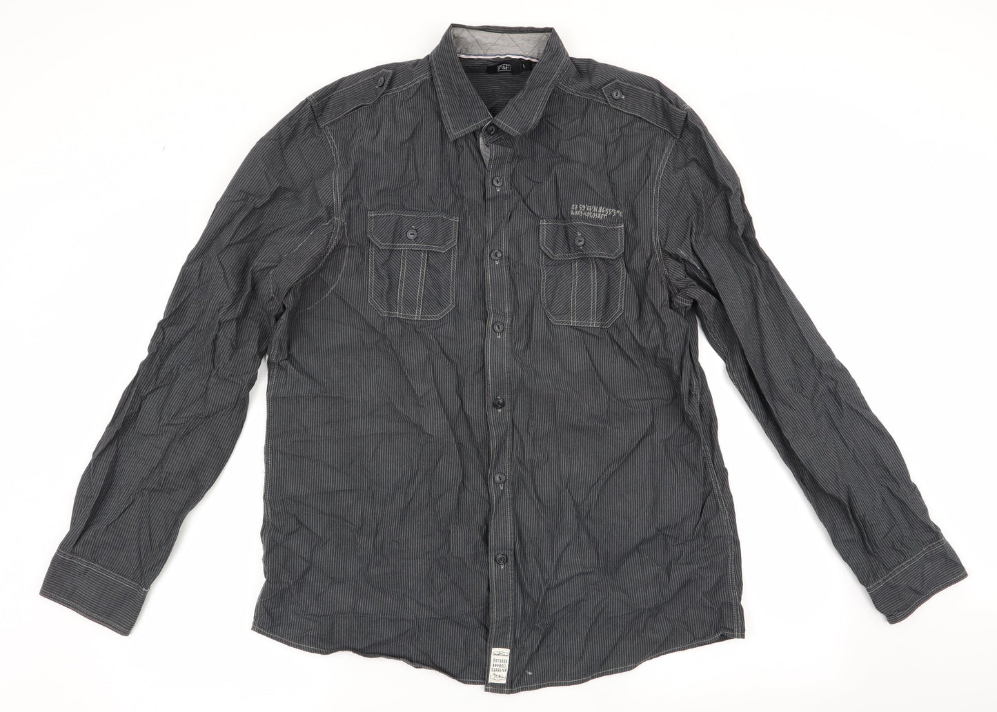 Florence and Fred Mens Grey Striped   Button-Up Size L