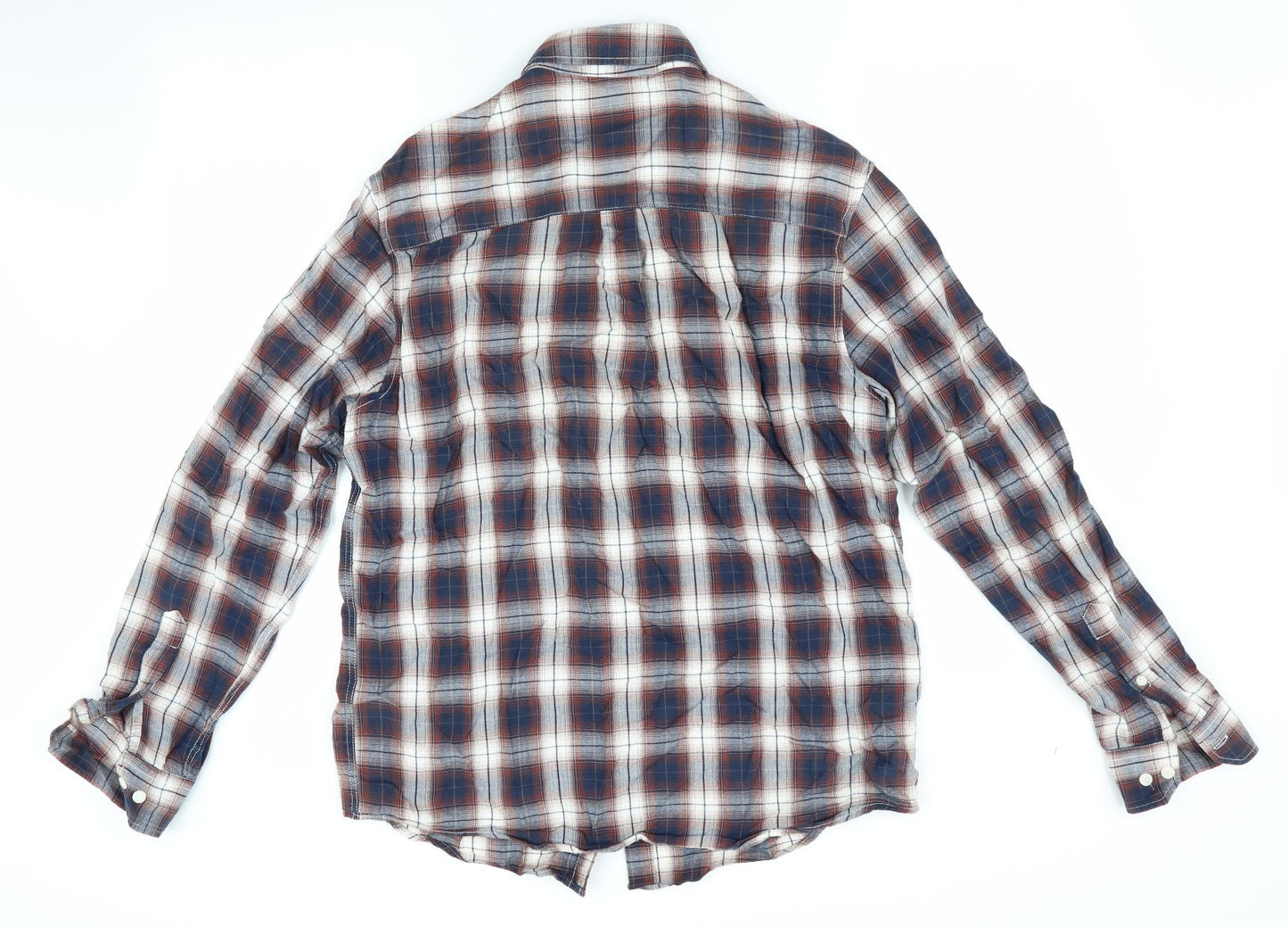 Easy Mens Brown Check   Button-Up Size M  - Button Collar Blue Brown Check