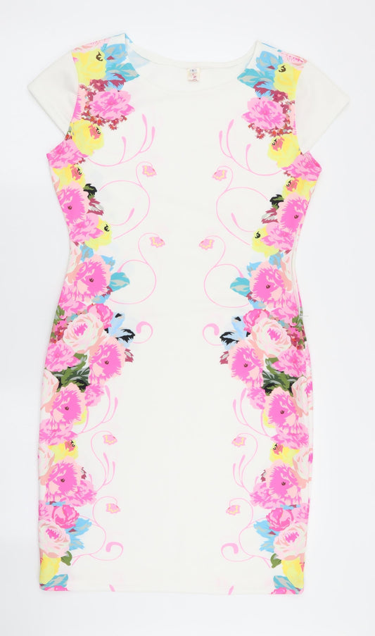 elfin Womens White Floral  A-Line  Size L
