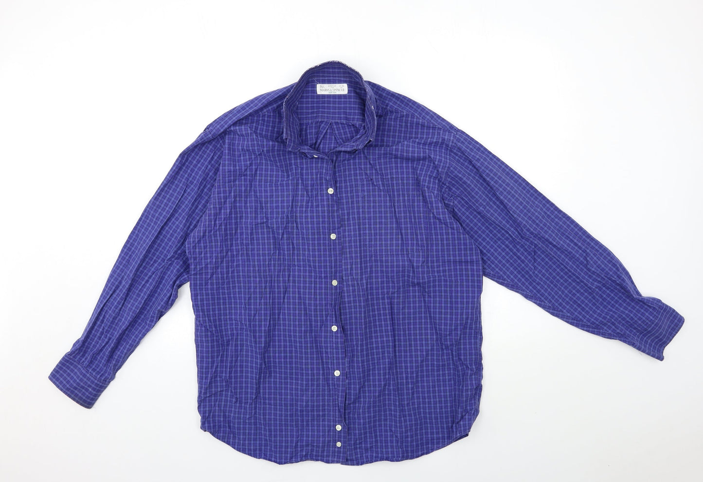 Marks and Spencer Mens Blue Check   Button-Up Size 15.5