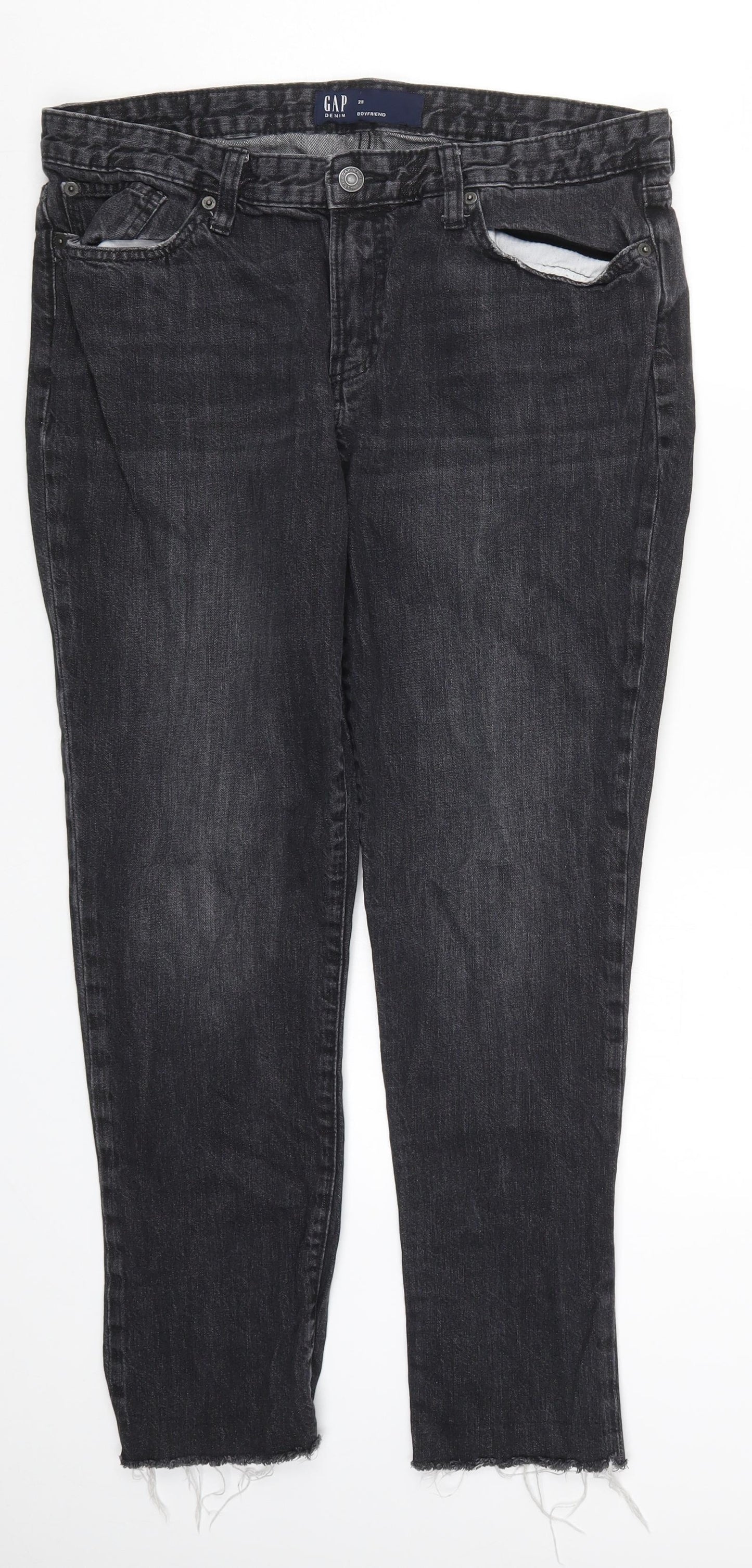 Gap Womens Black  Denim Boyfriend Jeans Size 34 in L27 in - Distressed Hem Ankle Grazer