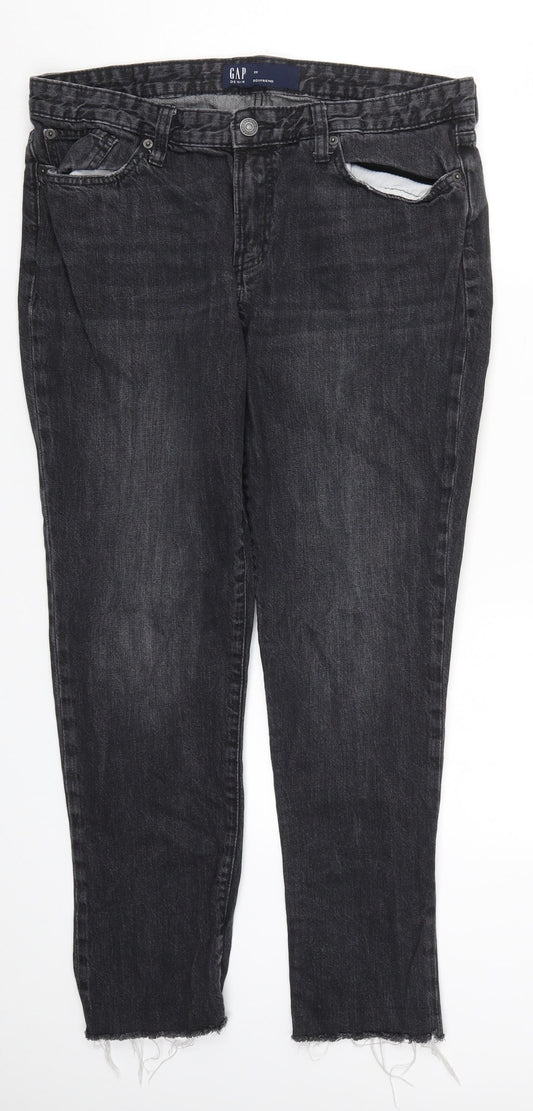Gap Womens Black  Denim Boyfriend Jeans Size 34 in L27 in - Distressed Hem Ankle Grazer