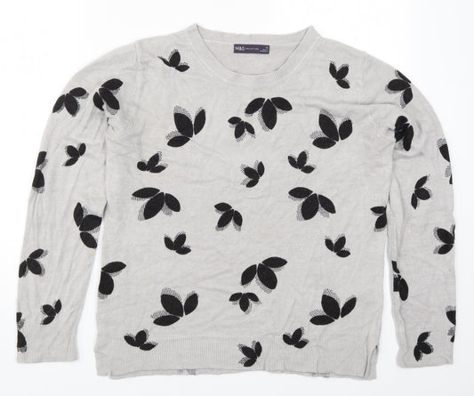 Marks and Spencer Womens Grey Floral Knit Pullover Jumper Size 12  - Leaf Print