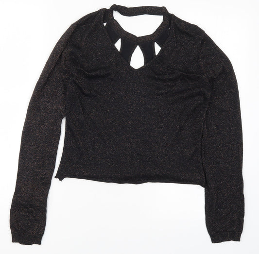 Amaryllis Womens Black  Knit Pullover Jumper Size 10  - Brown Metal Glitter