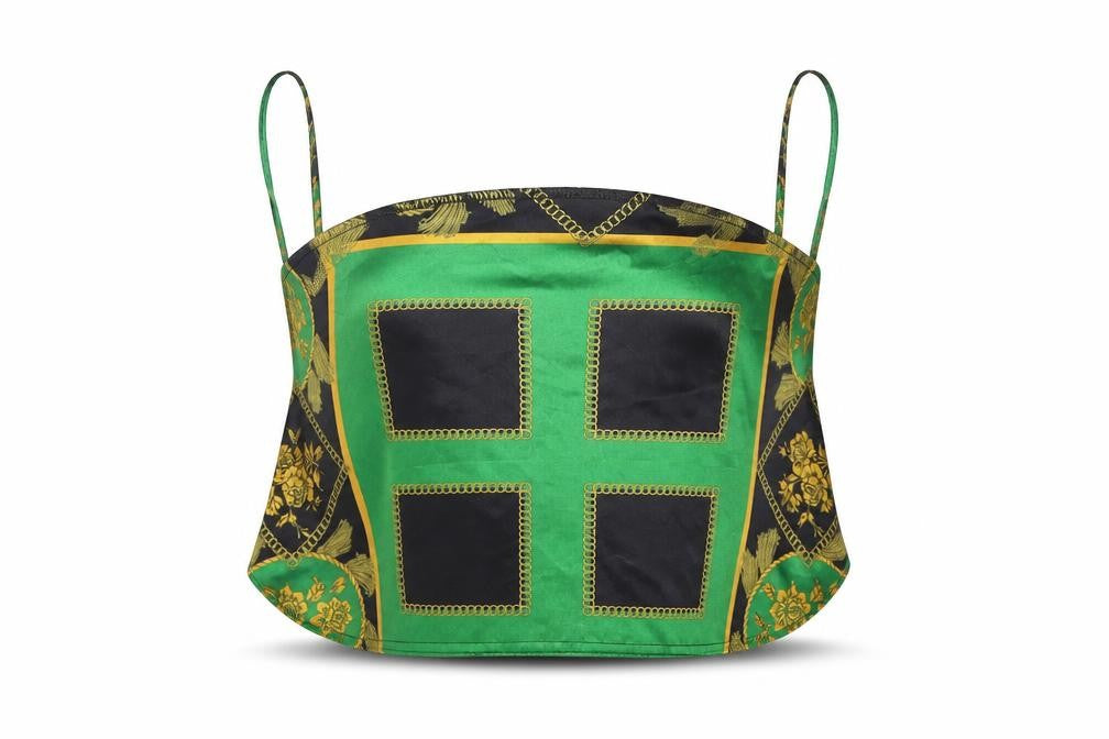 PRETTYLITTLETHING Womens Green Geometric Satin Cropped T-Shirt Size 4
