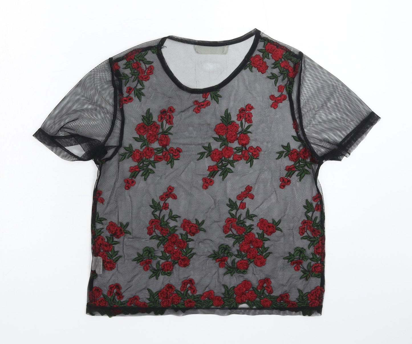 Preworn Womens Black Floral  Basic T-Shirt Size S