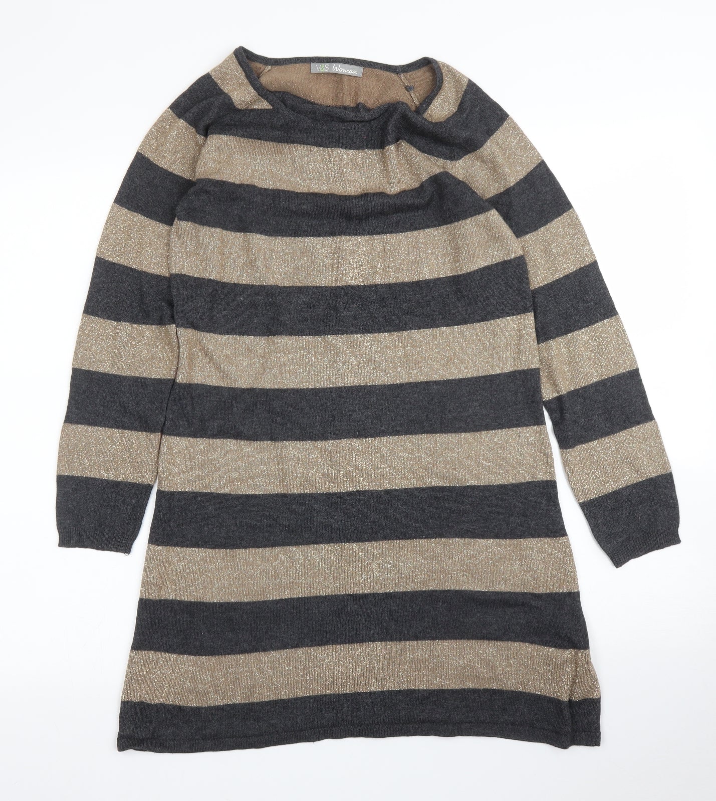 M&S Womens Grey Striped  Tunic Jumper Size 10