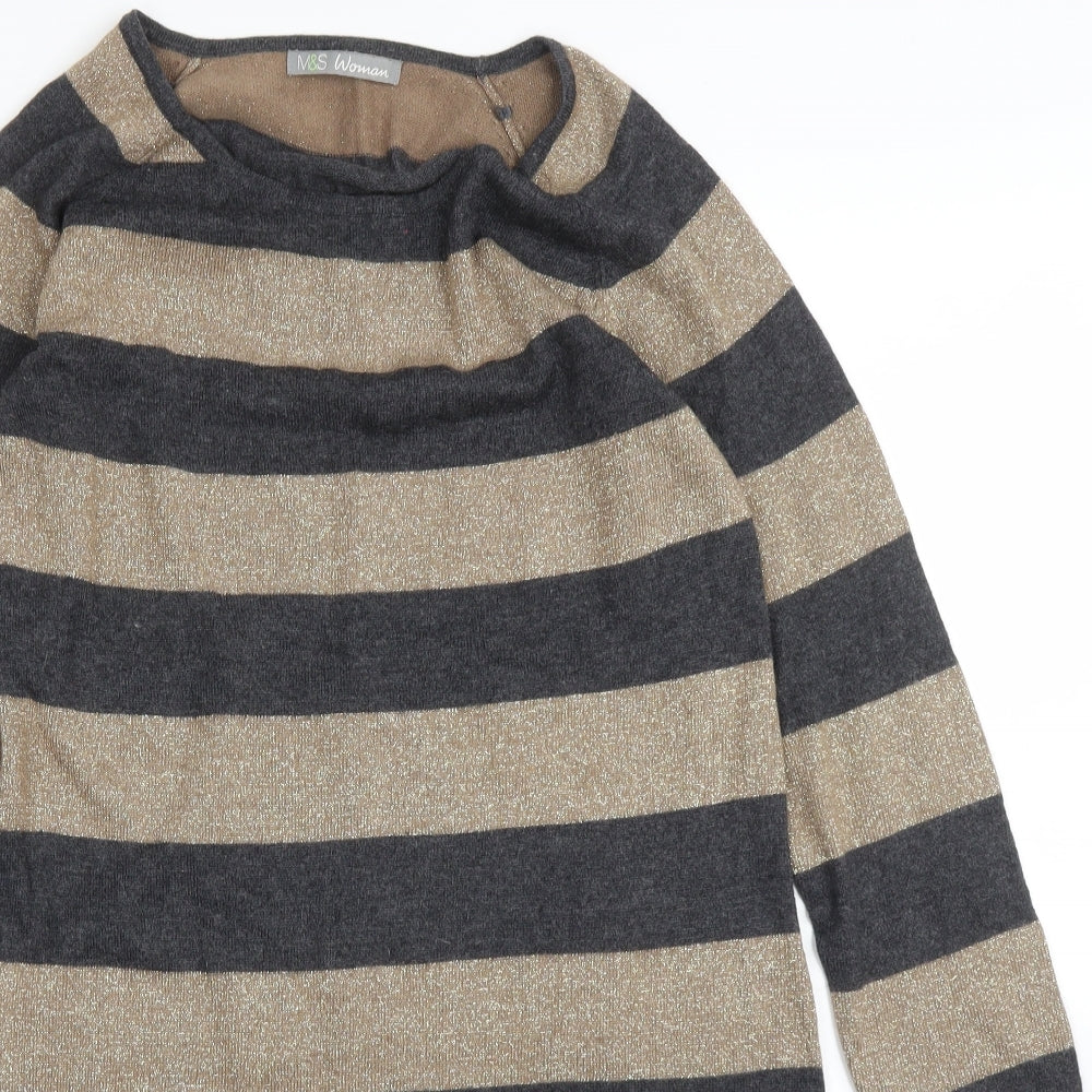 M&S Womens Grey Striped  Tunic Jumper Size 10