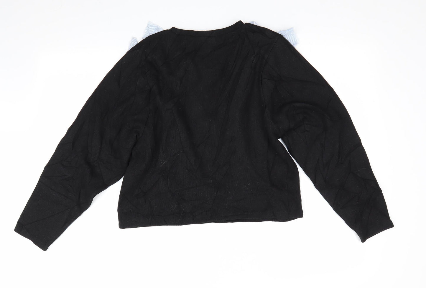 Zara Womens Black   Pullover Jumper Size 6  - Blue striped fabric ruffles to front