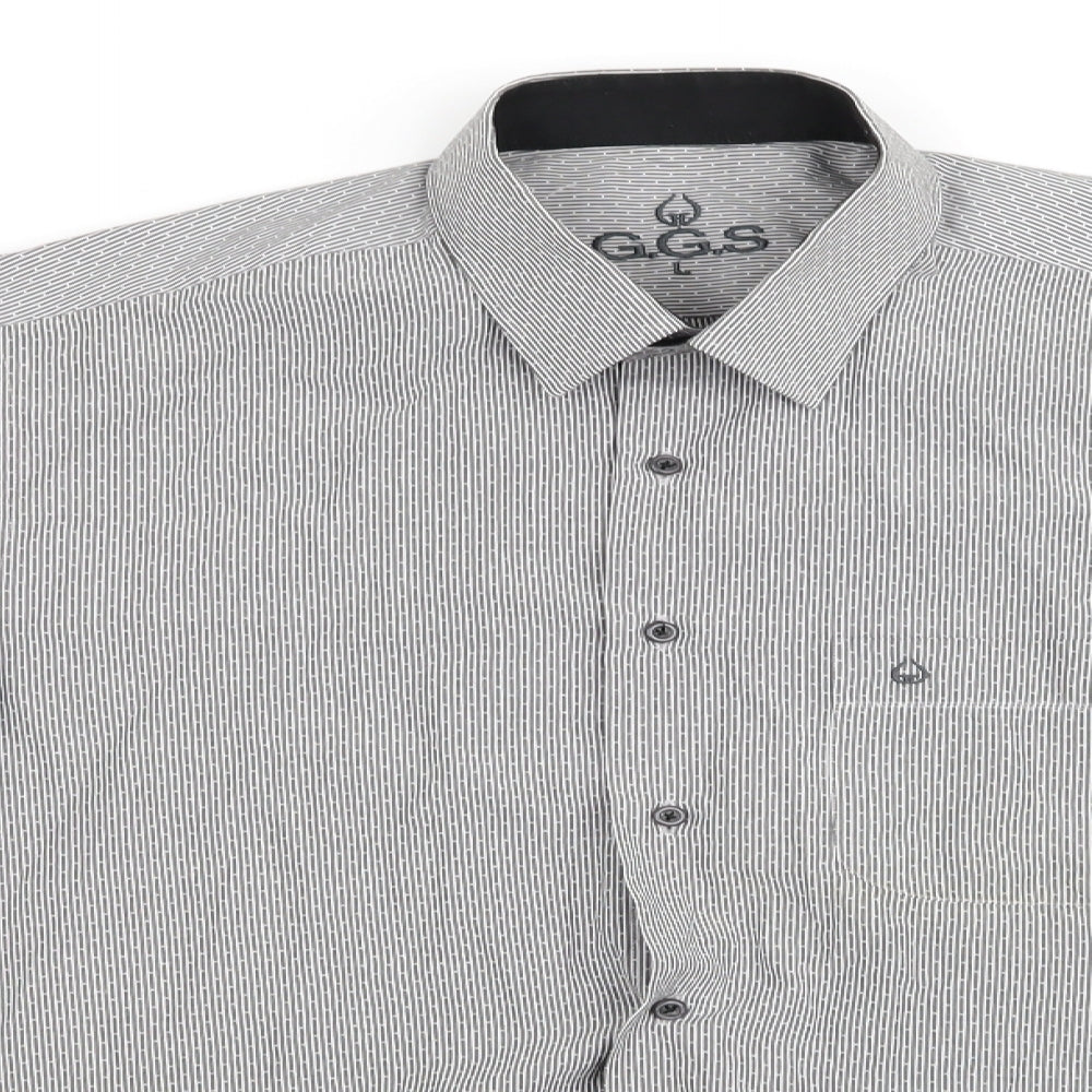 GGS Mens Grey Striped   Button-Up Size L  - Vertical broken stripe with dots