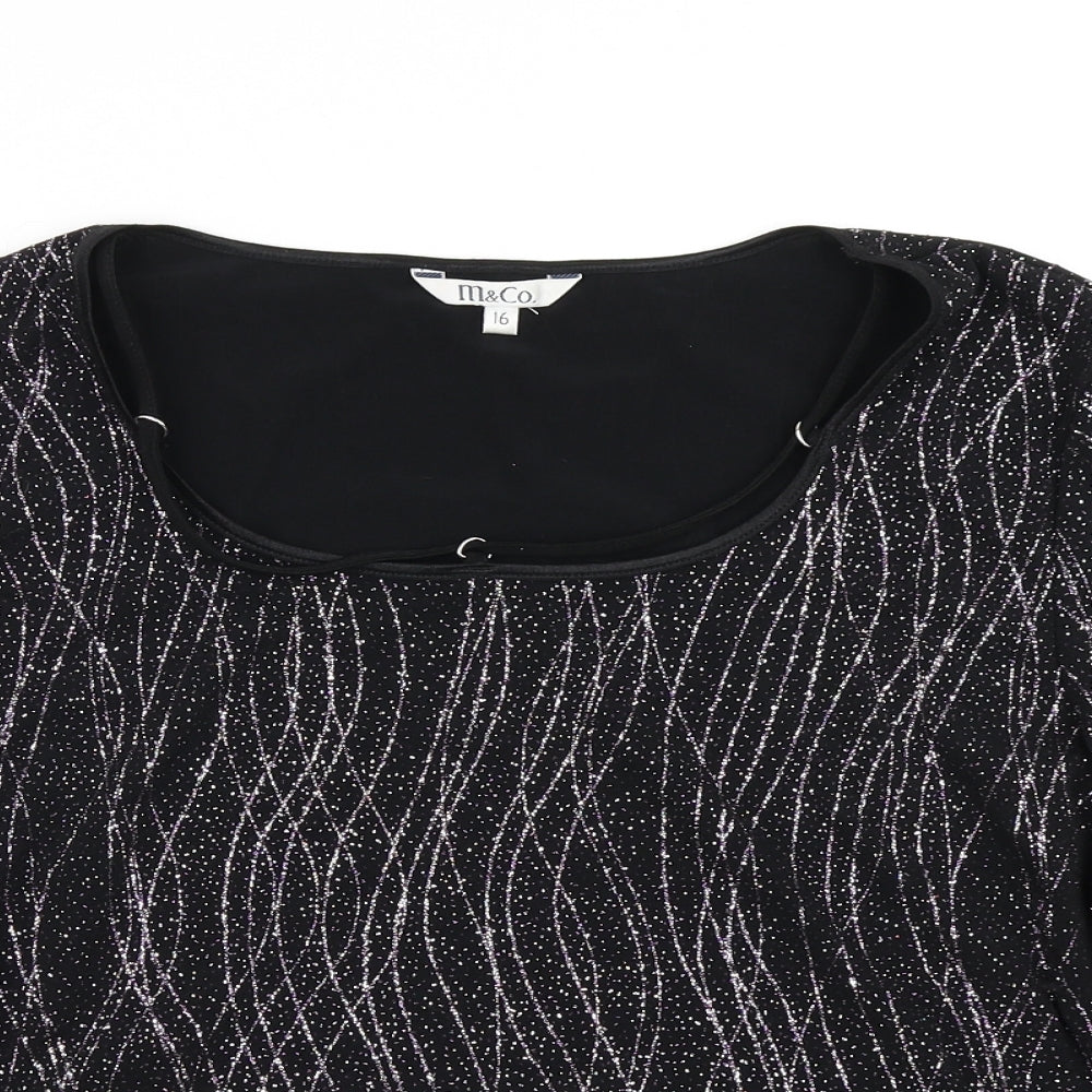 M&Co Womens Black Striped  Basic T-Shirt Size 16