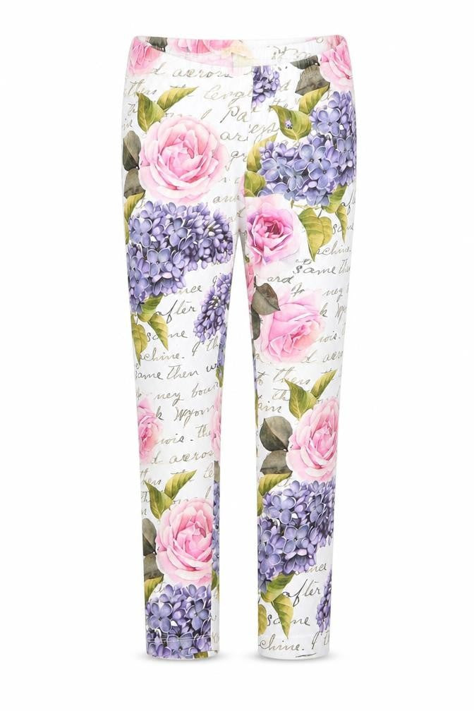 Monalisa Girls White Floral   Pyjama Pants Size L  - Pink Purple Flowers Cropped