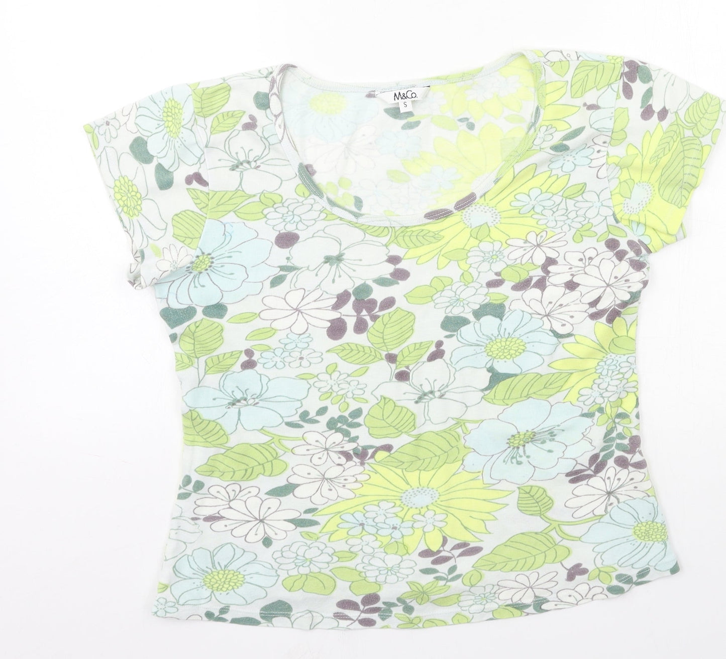 M&Co Womens Green Floral Jersey Basic T-Shirt Size S