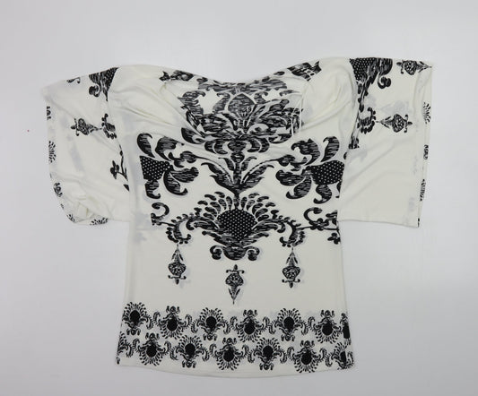 izabel Womens White Geometric  Basic Polo Size S