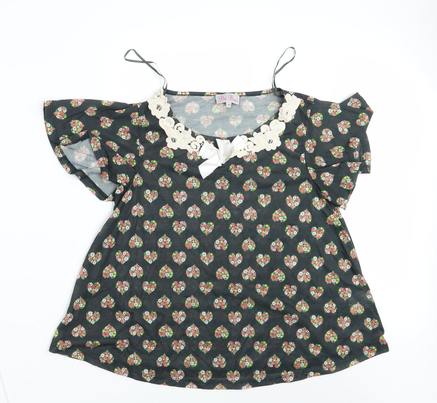 Be Beau Womens Green Floral  Basic T-Shirt Size 10
