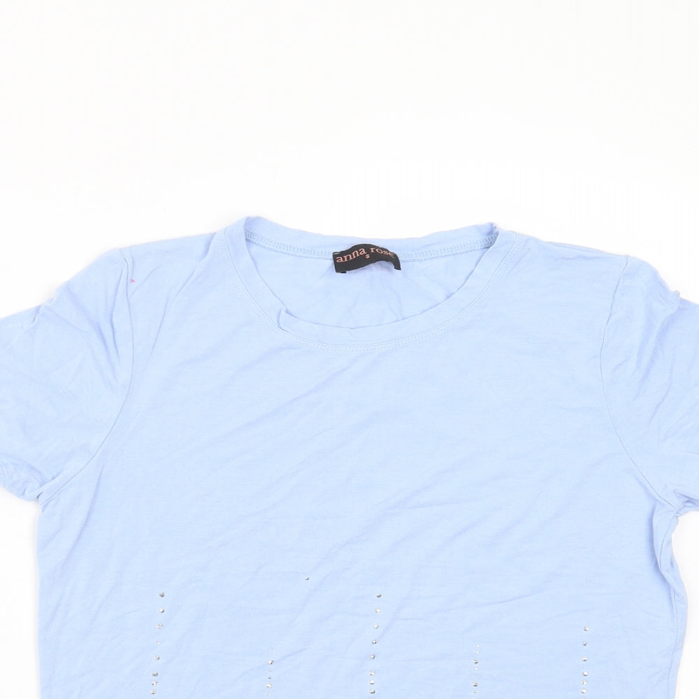 anna rose Womens Blue Geometric  Basic T-Shirt Size S  - beaded