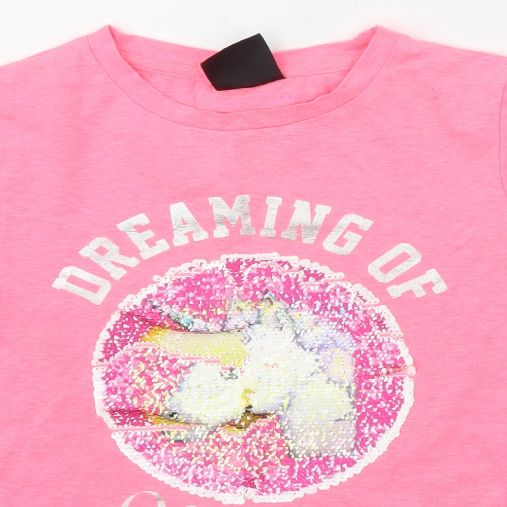 Young Dimension Girls Pink   Basic T-Shirt Size 9-10 Years  - Sequin Unicorn