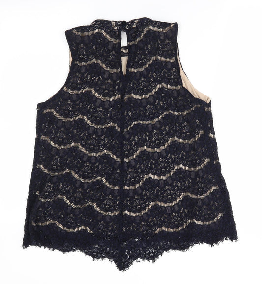 Rose & Olive Womens Blue Floral  Tunic Blouse Size L  - Lace overlay Tunic Scalloped Hemline