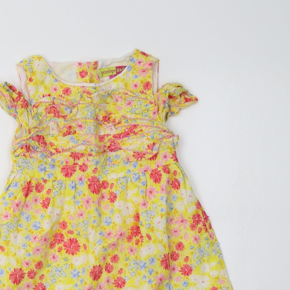 Penelope Mack Girls Yellow Floral Cotton A-Line  Size 6 Years Crew Neck