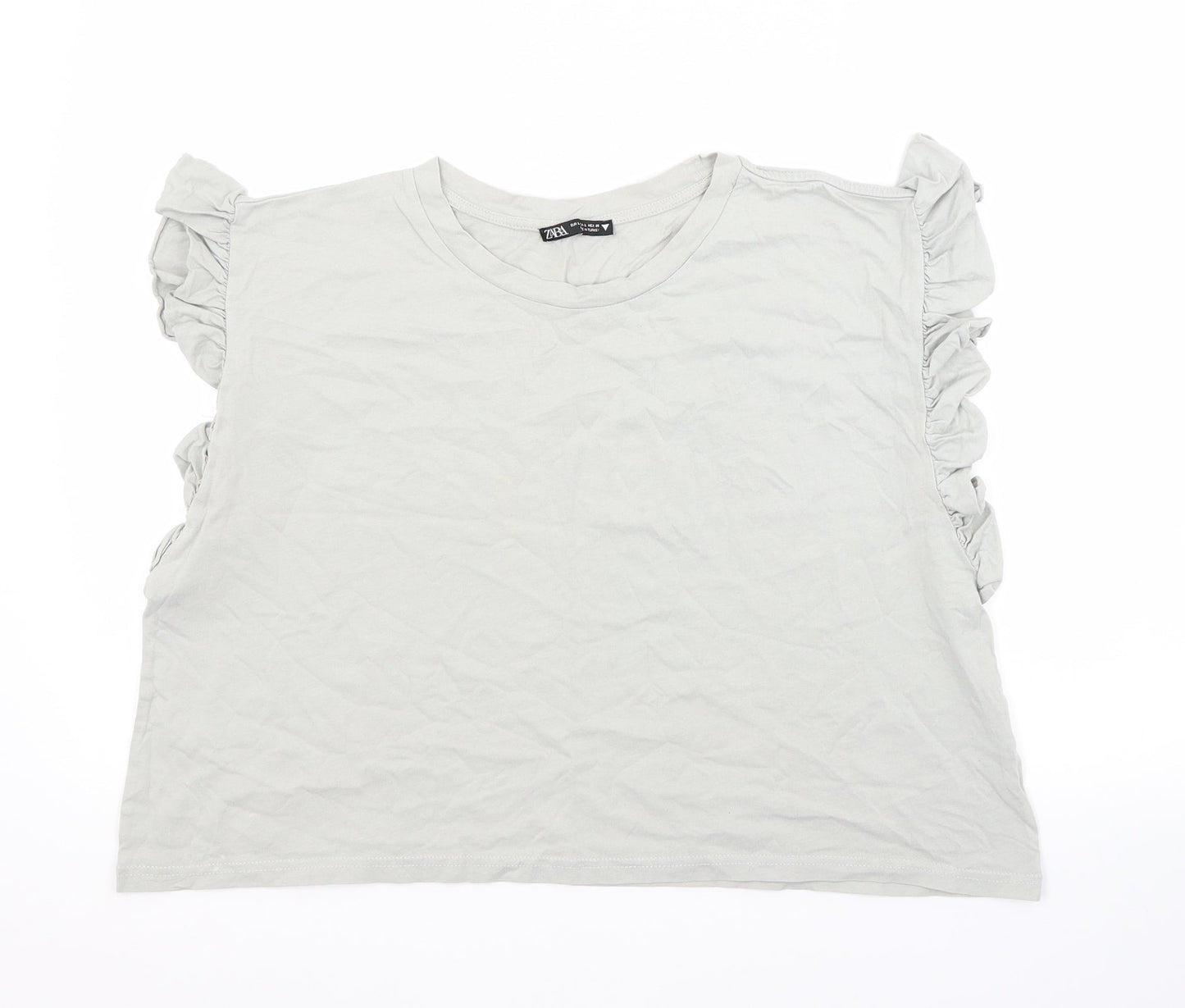 Zara Womens Grey  Cotton Basic Blouse Size L Crew Neck