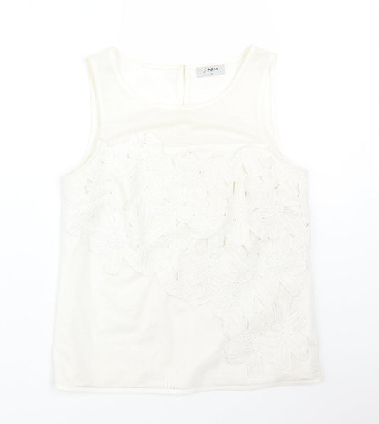 Soon Womens White Floral Polyester Basic T-Shirt Size 8 Round Neck