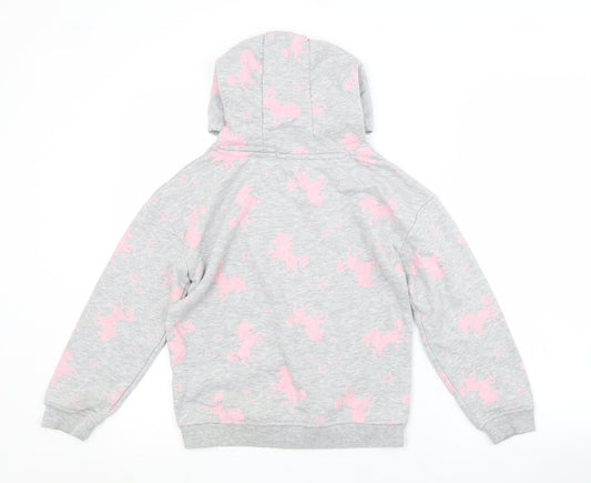 Primark Girls Grey Animal Print Cotton Pullover Hoodie Size 9-10 Years   - UNICORN