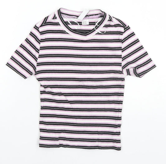 Divided Womens Pink Striped Cotton Basic T-Shirt Size XS Round Neck