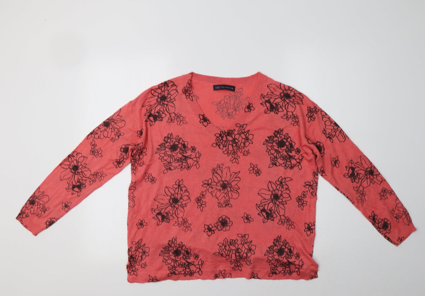 M&S Womens Pink V-Neck Floral Acrylic Pullover Jumper Size M