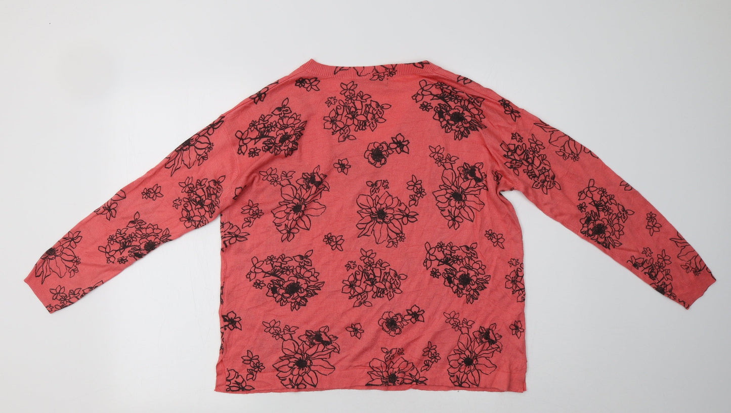 M&S Womens Pink V-Neck Floral Acrylic Pullover Jumper Size M