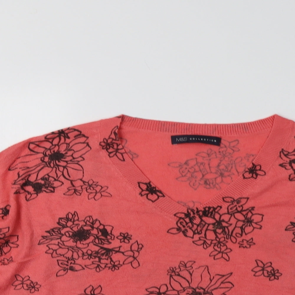 M&S Womens Pink V-Neck Floral Acrylic Pullover Jumper Size M