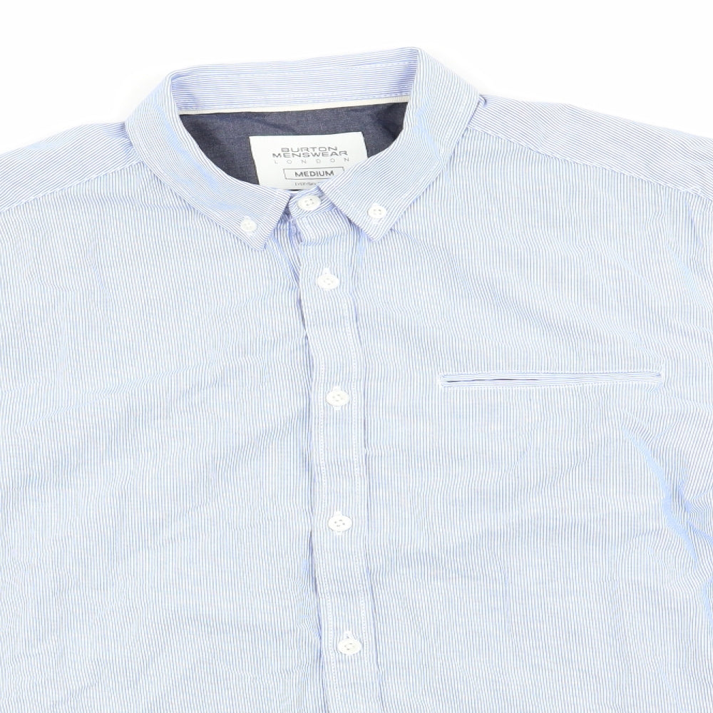 Burtons Menswear Mens Blue Striped Cotton  Button-Up Size M Collared  - Fine Blue Stripe Buttoned Collar