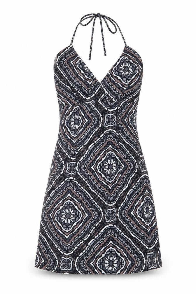 H&M  Womens Grey Geometric  A-Line  Size 6 Halter  - Side Zip Black Grey Taupe White Back Elastication