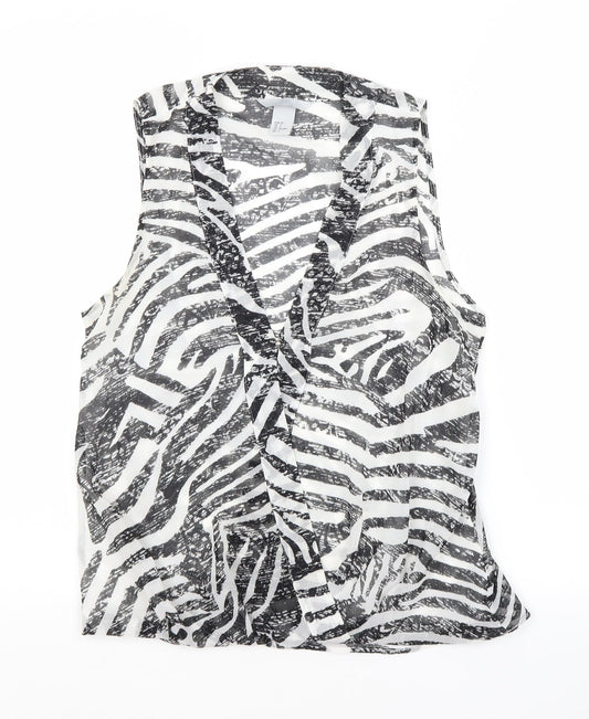 H&M Womens White Animal Print Polyester Tunic Button-Up Size 8 V-Neck