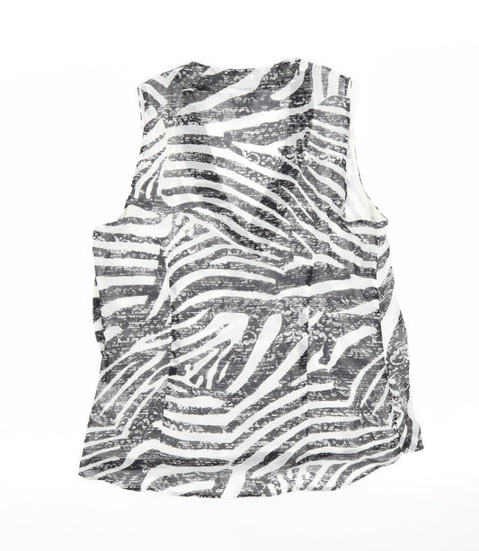 H&M Womens White Animal Print Polyester Tunic Button-Up Size 8 V-Neck