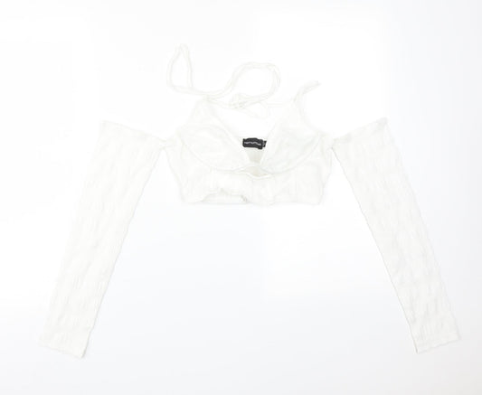 PRETTYLITTLETHING Womens White  Polyester Basic T-Shirt Size 6 V-Neck