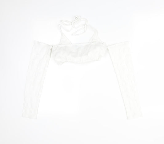 PRETTYLITTLETHING Womens White  Polyester Basic T-Shirt Size 6 V-Neck