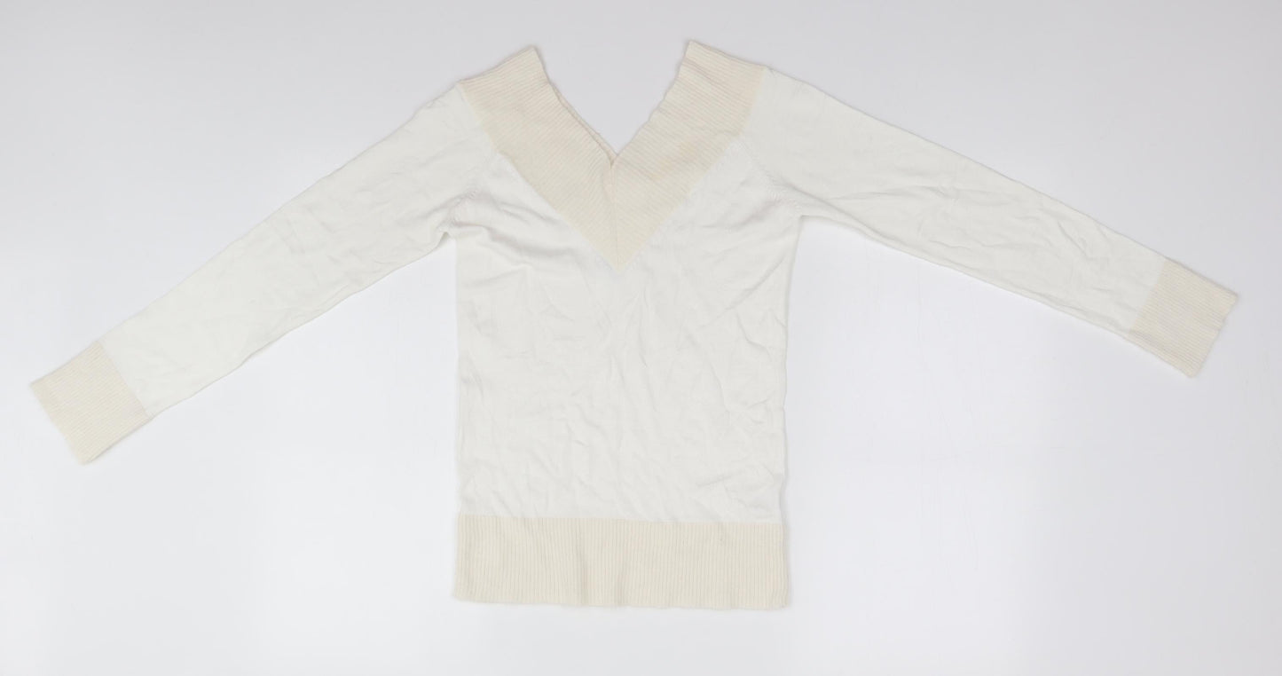 New Look Womens White V-Neck  Viscose Pullover Jumper Size 8