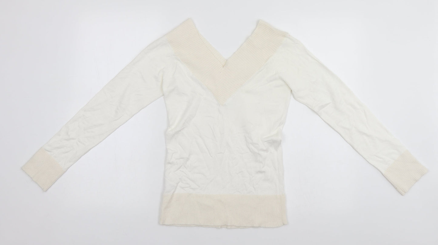 New Look Womens White V-Neck  Viscose Pullover Jumper Size 8