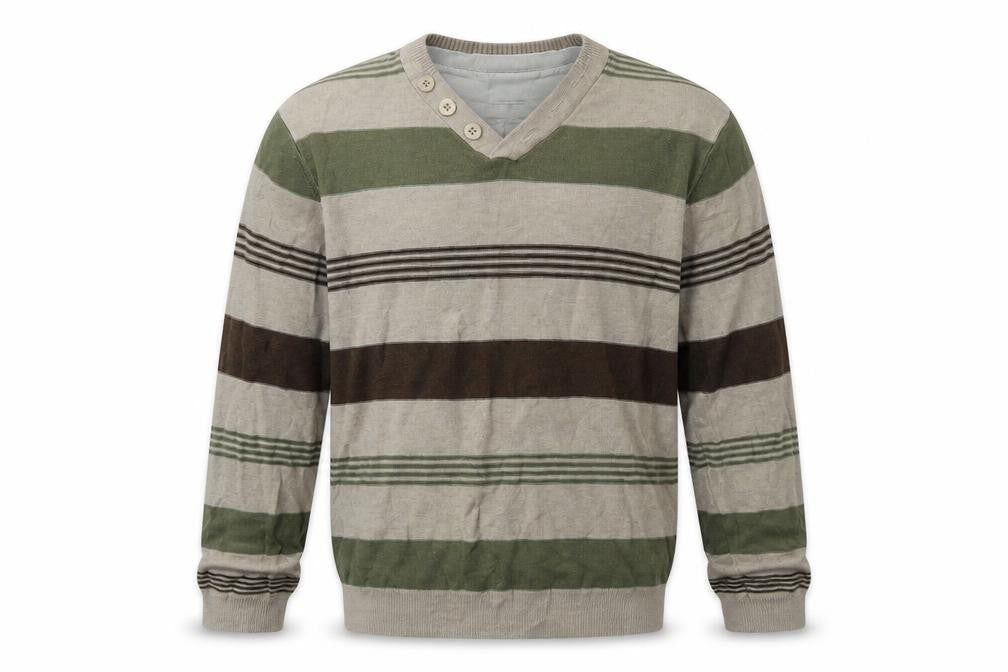 BHS Mens Beige V-Neck Striped Cotton Pullover Jumper Size M