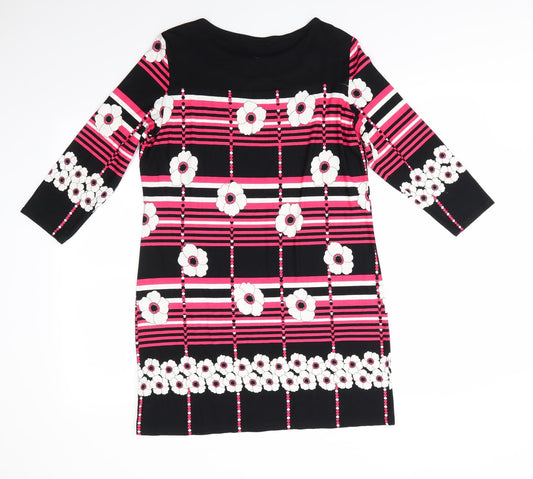 M&Co Womens Black Floral Viscose A-Line  Size 12  Round Neck  - White Flowers Pink Stripes