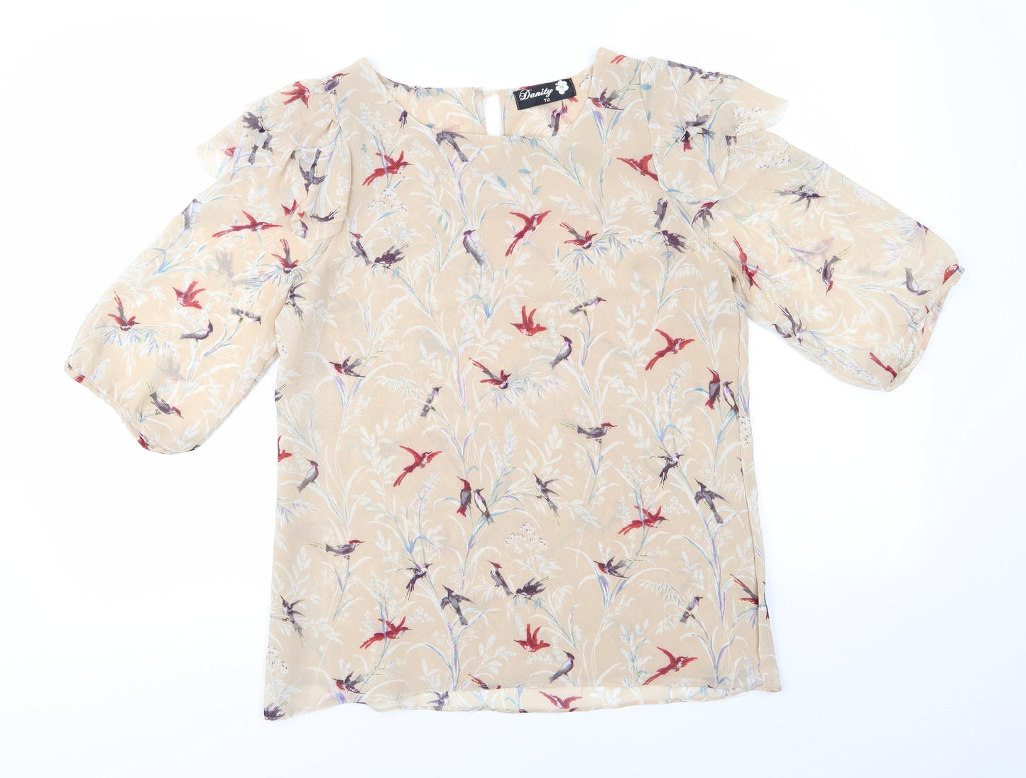 Danity by TU Womens Beige Animal Print Polyester Basic Blouse  Round Neck - Bird print Lined front Frilled Shoulders