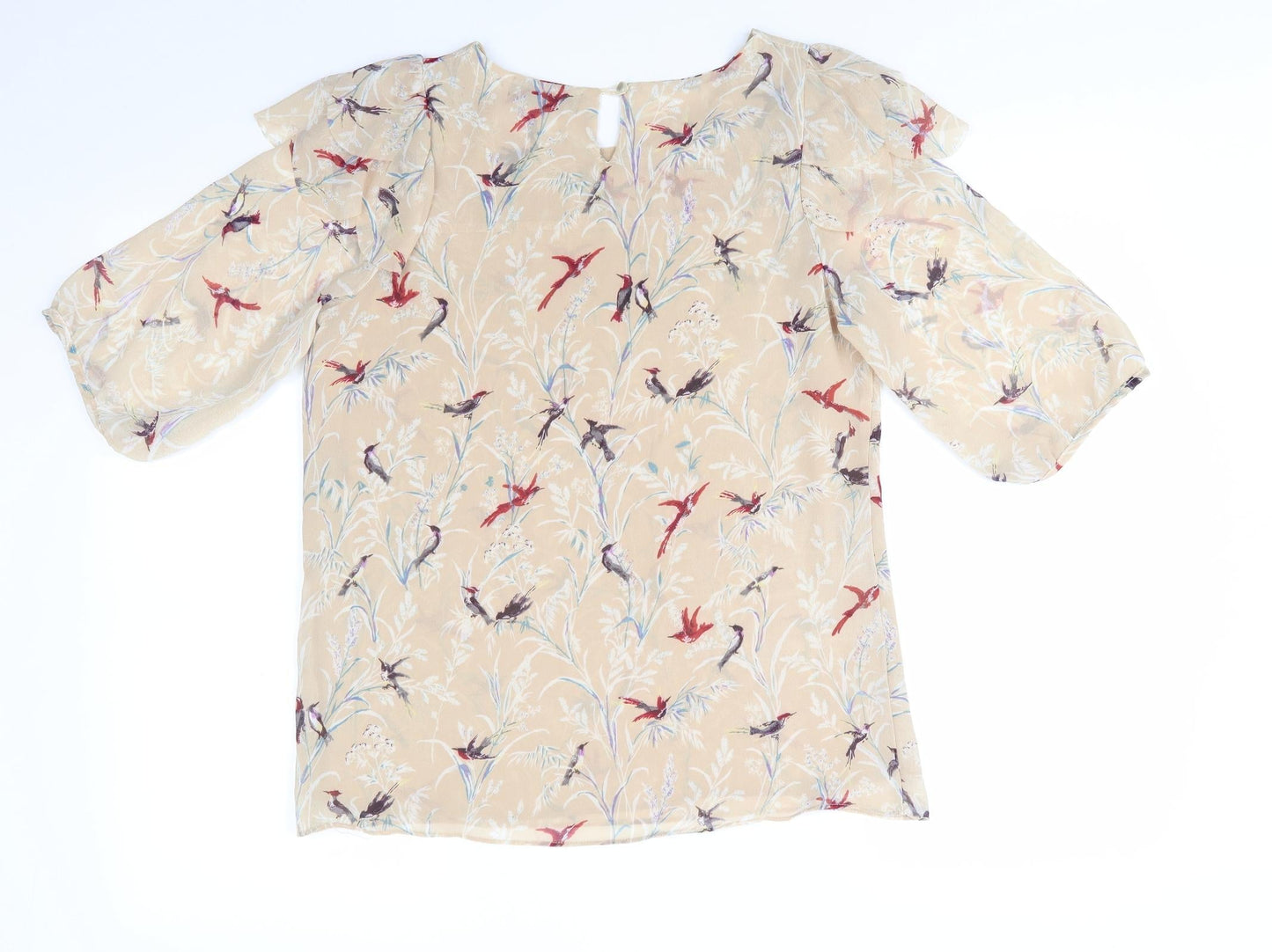 Danity by TU Womens Beige Animal Print Polyester Basic Blouse  Round Neck - Bird print Lined front Frilled Shoulders