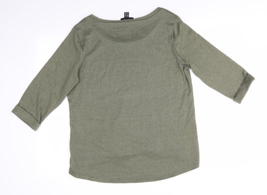 New Look Womens Green Boat Neck  Polyester Pullover Jumper Size 14   - Turn Up Sleeves Olive Green
