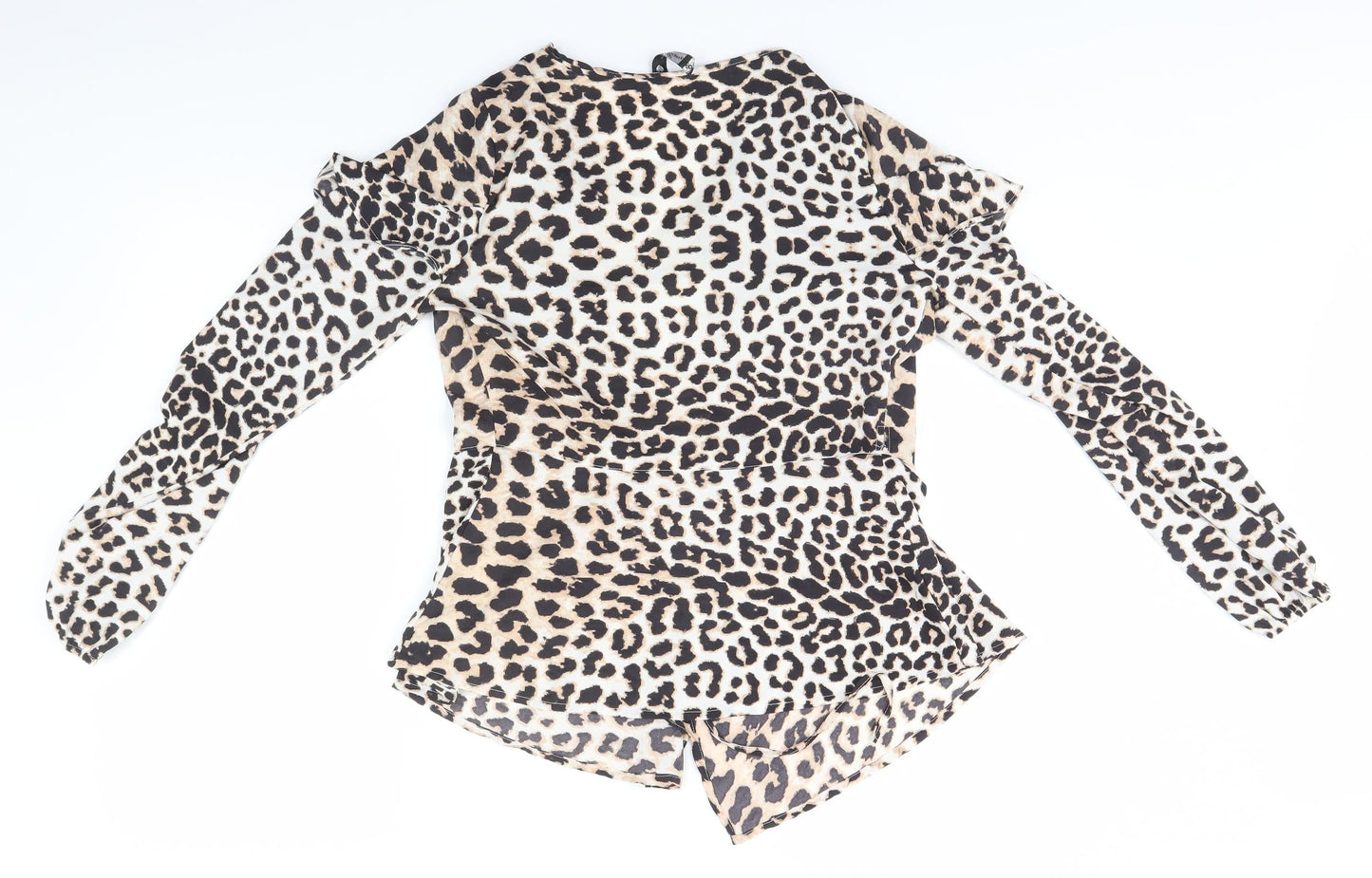 Preworn Womens Brown Animal Print Polyester Basic Blouse Size 8 Round Neck