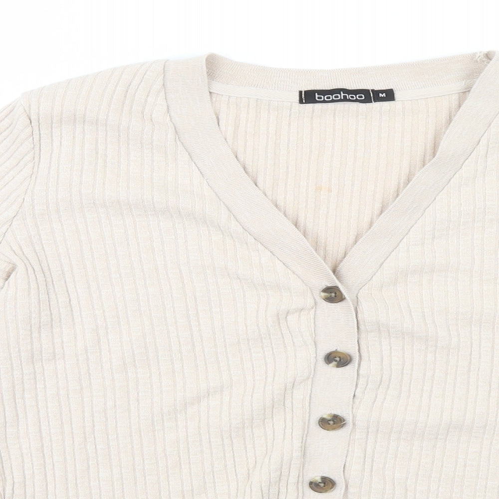 Boohoo Womens Beige V-Neck Striped Polyester Cardigan Jumper Size M