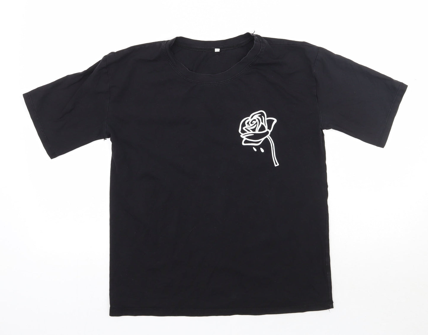 Preworn Womens Black  Cotton Basic T-Shirt Size S Round Neck - Rose Detail