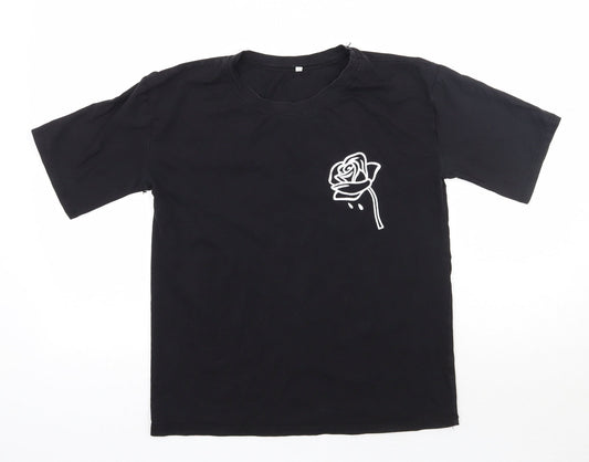 Preworn Womens Black  Cotton Basic T-Shirt Size S Round Neck - Rose Detail