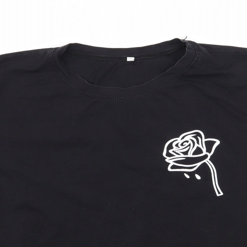 Preworn Womens Black  Cotton Basic T-Shirt Size S Round Neck - Rose Detail